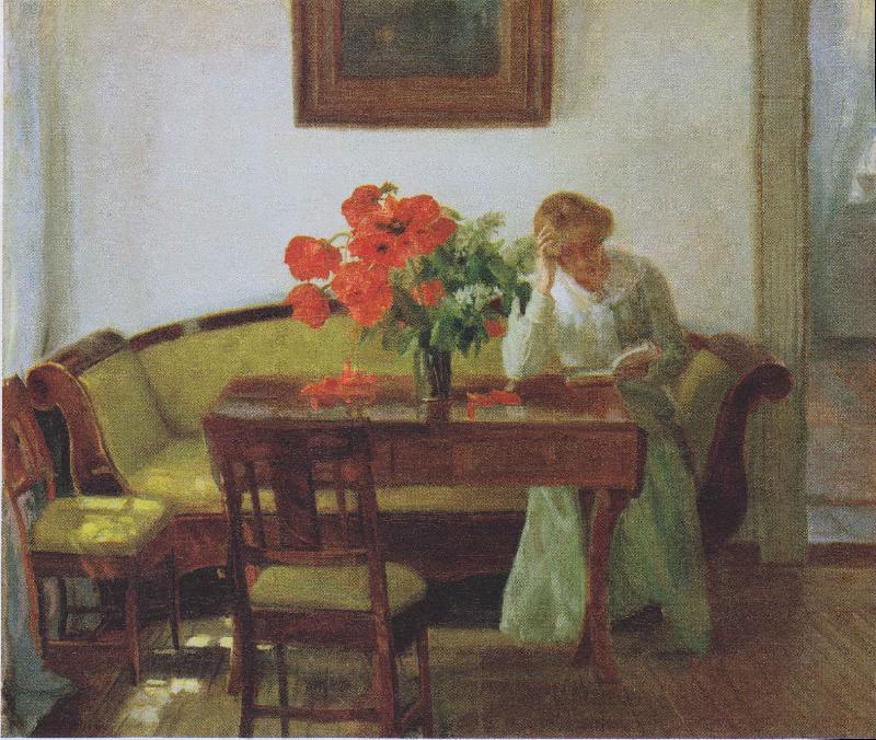 Anna Ancher Interior with poppies and reading woman oil painting image